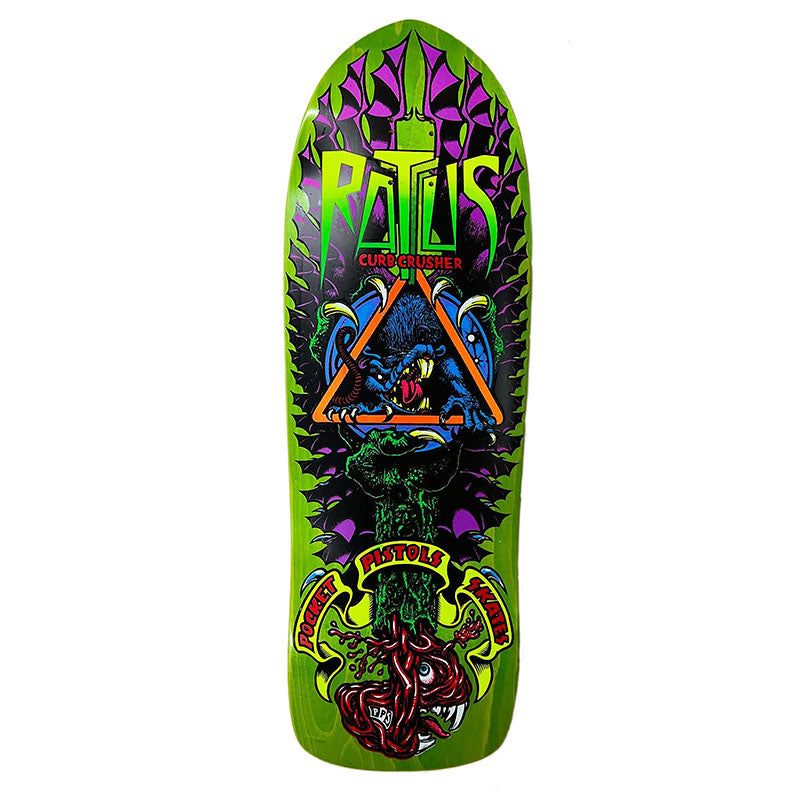Pocket Pistols 10.25" PPS Rattus Curb Crusher GREEN STAIN Skateboard Deck 5150 Skate Shop
