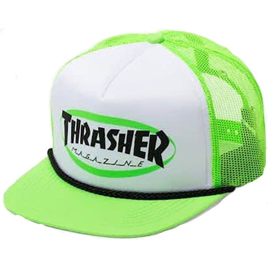 Thrasher Skateboard Magazine Ellipse Logo Trucker Rope Neon Green Hat-5150 Skate Shop