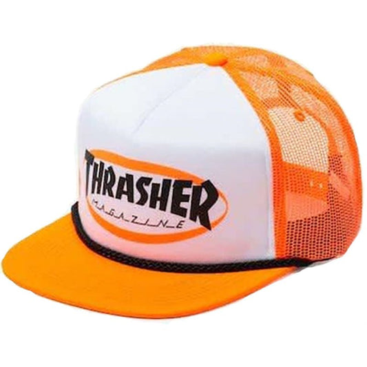 Thrasher Skateboard Magazine Ellipse Logo Trucker Rope Neon Orange Hat-5150 Skate Shop