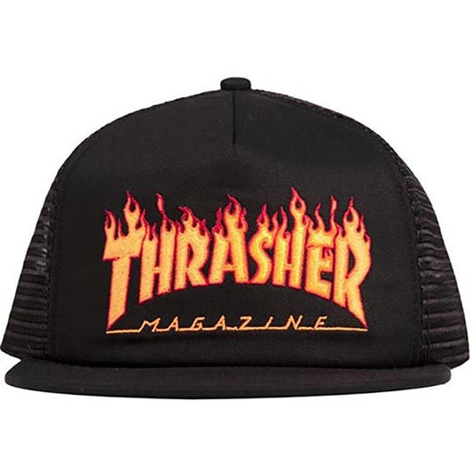 Thrasher Skateboard Magazine Flame Embroidered Mesh Black Hat-5150 Skate Shop