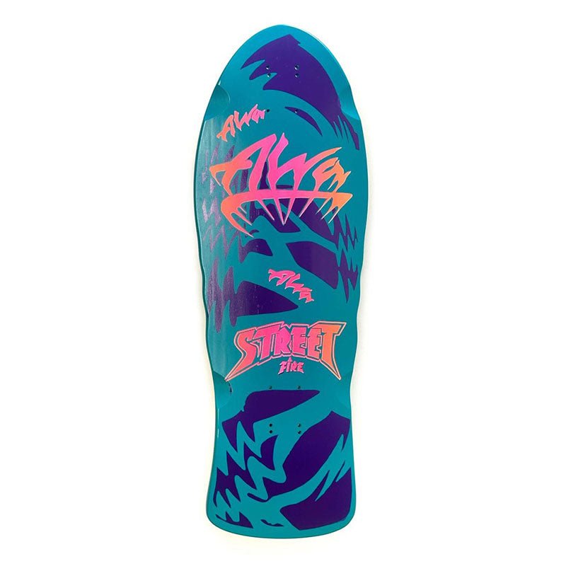 Alva 10.25" x 29.75" STREET FIRE Turquoise W/Orange. Pink Logo Skateboard Deck