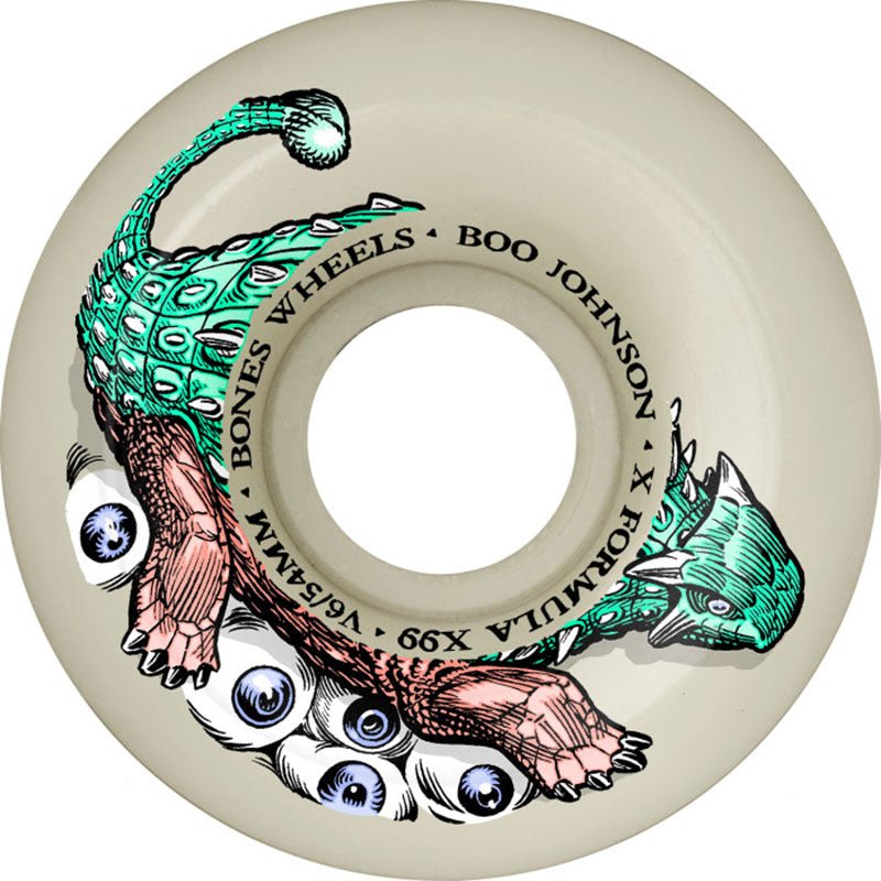 BONES WHEELS X - Formula 56mm 99a BOO Dino - Sortas V6 Widecut White Skateboard Wheels 4pk - 5150 Skate Shop