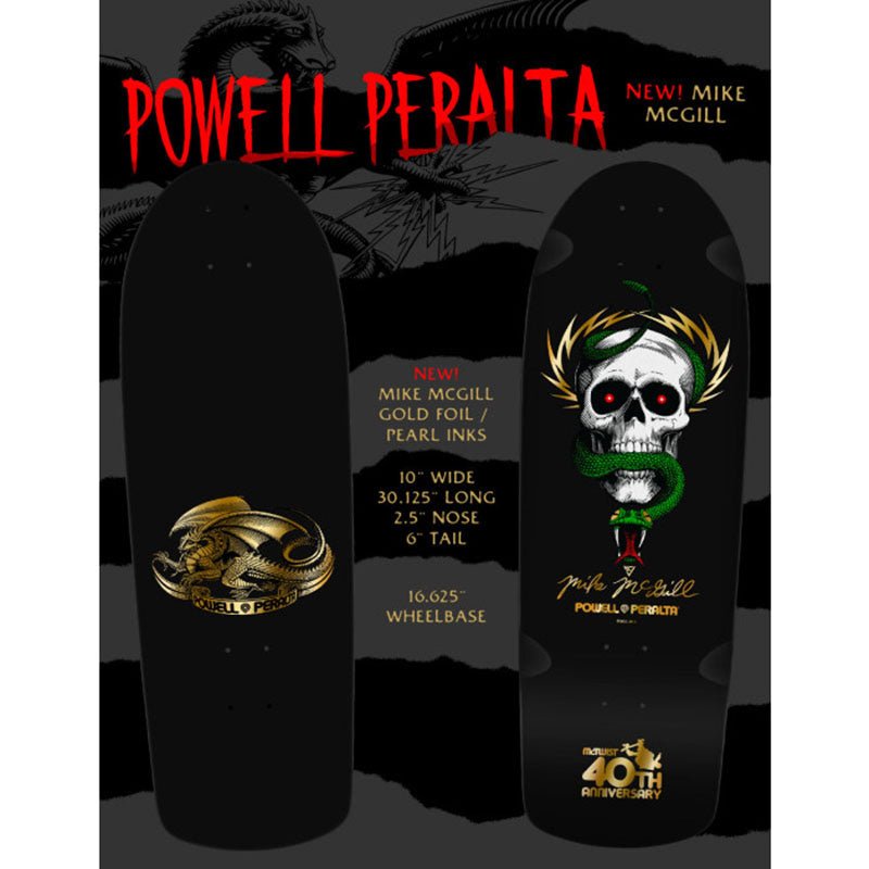 Powell Peralta 10" x 30.125" Mike McGill Skull & Snake McTwist 40th Ann. Gold Foil/Black Skateboard Deck - 5150 Skate Shop