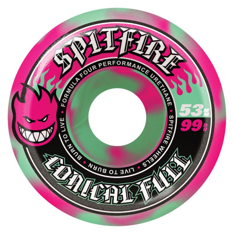 Spitfire 53mm 99a F4 CONICAL FULL PINK/TEAL SWIRL Skateboard Wheels 4pk