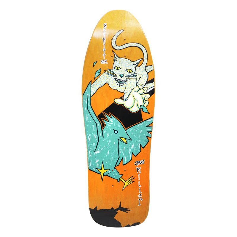 Schmitt Stix 9.5" x 30" Chris Miller Cat Bird (ORANGE STAIN) Skateboard Deck-5150 Skate Shop