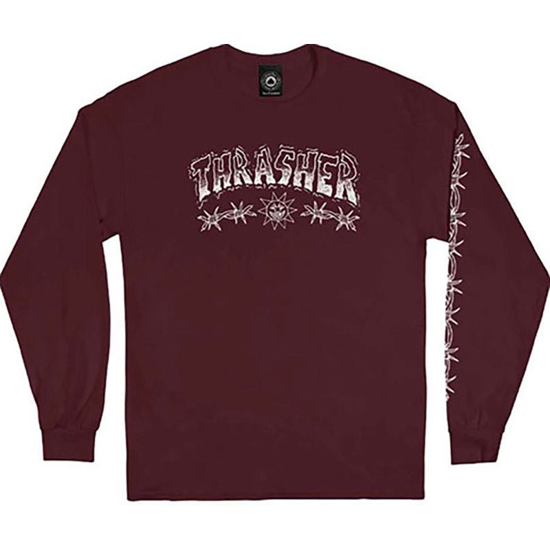 Thrasher Skateboard Magazine BARBED WIRE MAROON Long Sleeve T-Shirts - 5150 Skate Shop