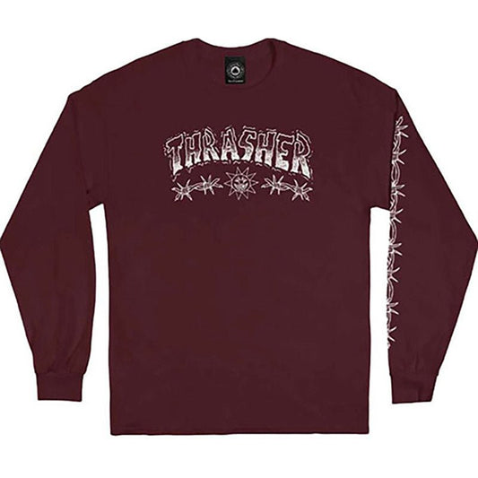 Thrasher Skateboard Magazine BARBED WIRE MAROON Long Sleeve T-Shirts-5150 Skate Shop
