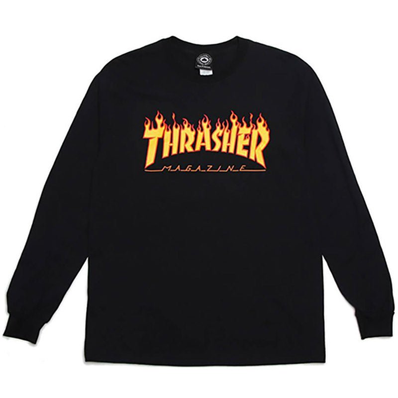 Thrasher Skateboard Magazine FLAME BLACK Long Sleeve T-Shirts - 5150 Skate Shop
